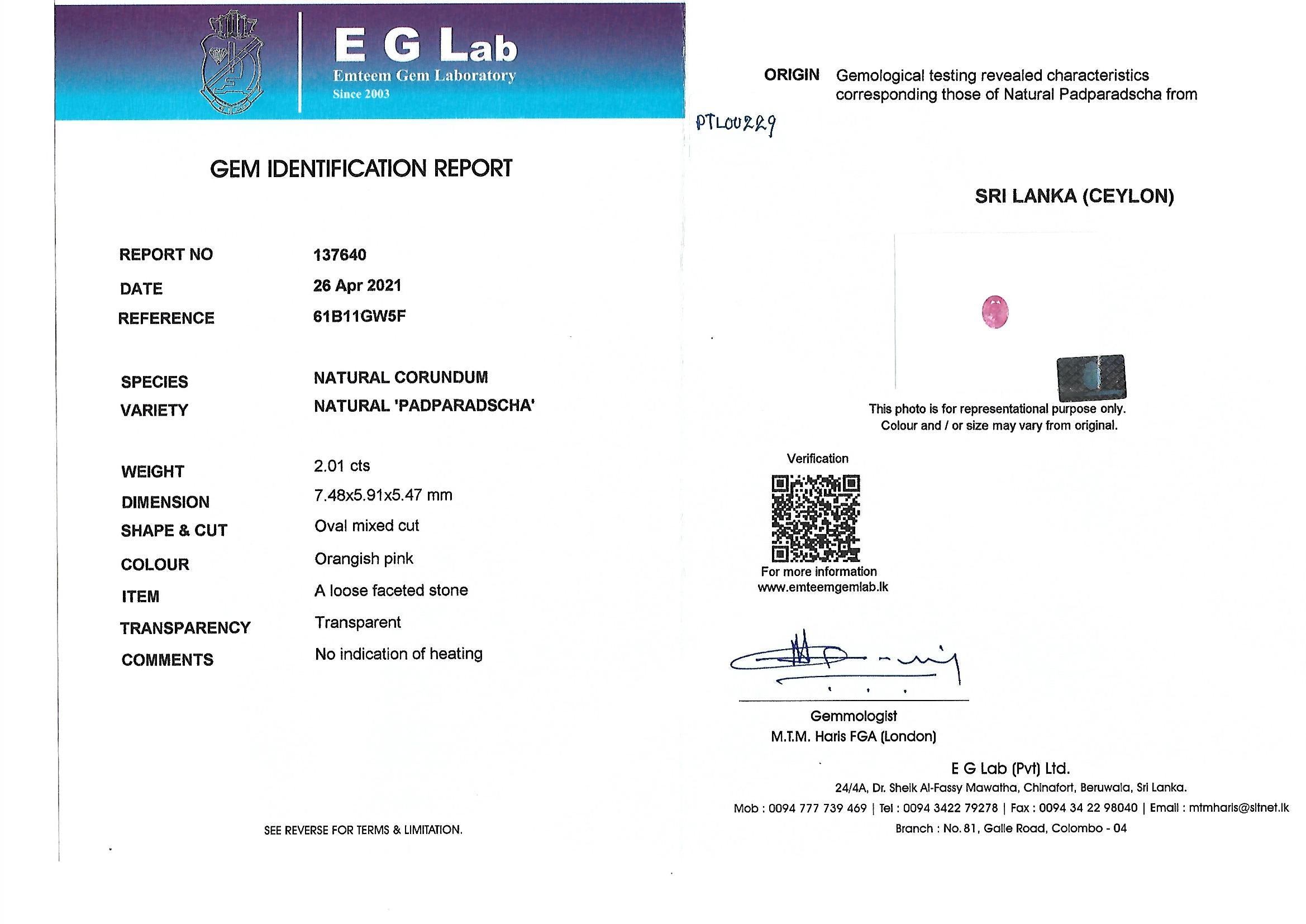 Natural Padparadscha Sapphire 2.01 CTS
